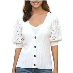 Time And Tru Cardigan Women XL White Puff Sleeve Cropped Short Sleeve Button Top